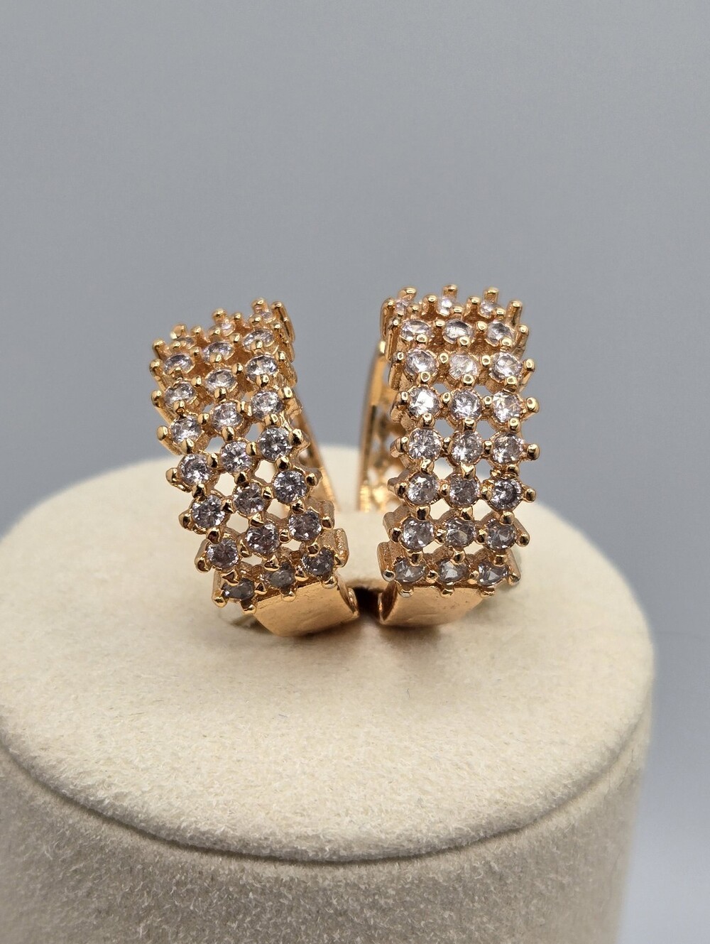 Gold Tone Pavé CZ Triple Row Hoop Earrings C-Shaped Huggie 3.4" Statement New